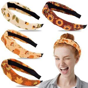 Whaline 4Pcs Fall Knotted Headbands Maple Leaves Pumpkin Sunflower Acorn Hair